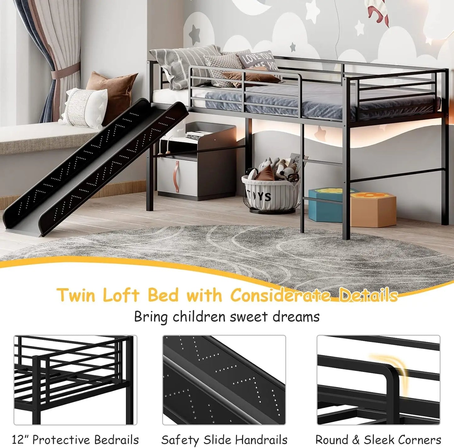 Twin Loft Bed with Slide, Metal Low Bunk Bed w/Safety Guardrails & Built-in Ladder, Toddler Bed Floor Frame for Boys & Girls, No