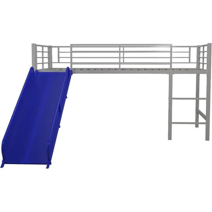 Silver Junior Twin Metal Loft Bed with Slide, Multifunctional Design, Silver with Blue Slide