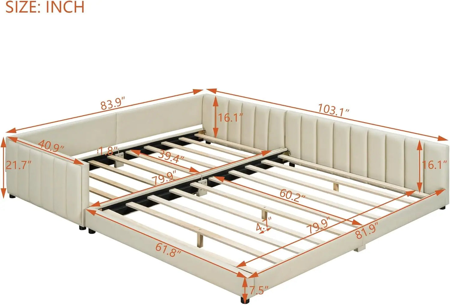 Cama Queen Size tapizada con base de madera SOFTSEA con dos camas individuales XL, cama extragrande para madre e hijo con cabecero y pie de cama