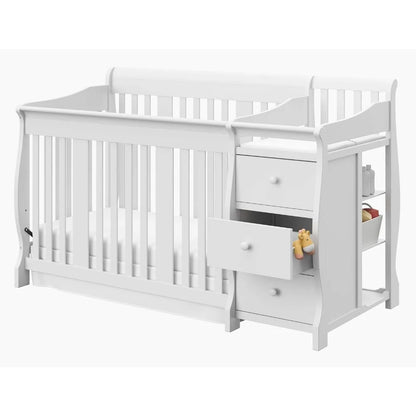 Cuna convertible 5 en 1 Storkcraft Portofino y cambiador (blanco): cambiador combinado con cajón, se convierte en cama para niños pequeños