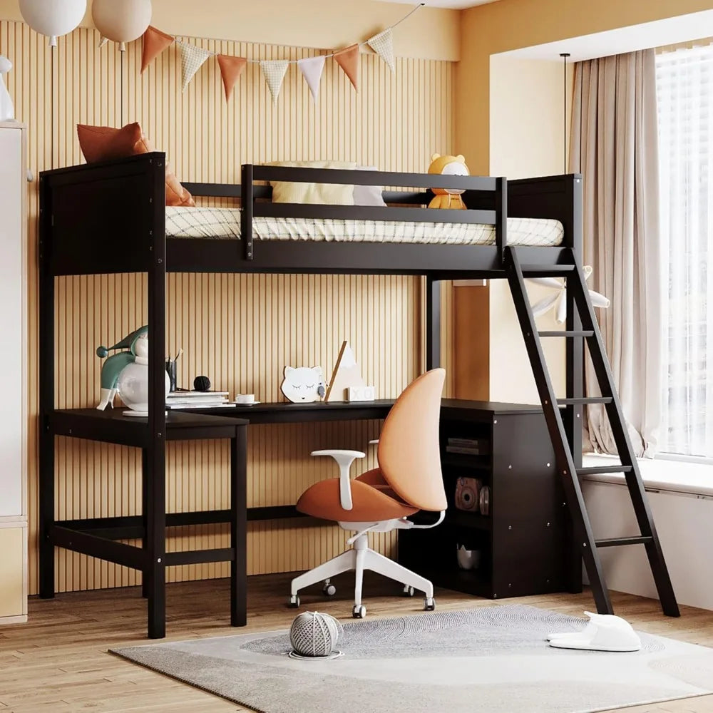 Twin Size Loft Bed with Shelves and Desk, Wooden Loft Bed with Desk, for Kids, Teens, Noise Free, No Box Spring, Easy Assembly