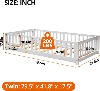 Cama de dos plazas para niños, estructura de madera resistente con listones de madera, valla alta y puerta pequeña