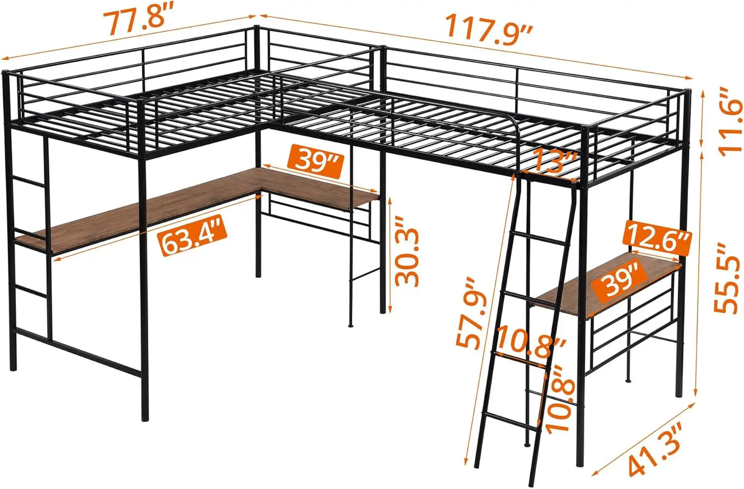 Lit mezzanine double en L avec 2 bureaux intégrés Lit mezzanine d'angle en métal avec 2 échelles et barrière de sécurité Lits pour enfants lourds