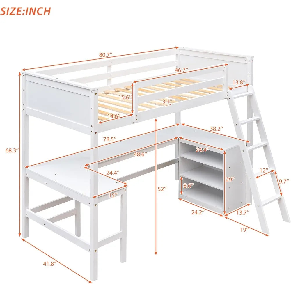 Lit mezzanine double avec étagères et bureau, lit mezzanine en bois avec bureau, pour enfants, adolescents, sans bruit, sans sommier, assemblage facile