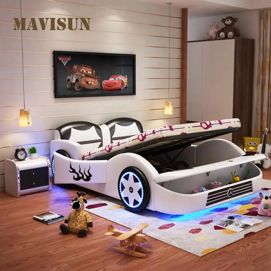 Lit de luxe personnalisé pour enfant garçon, garde-corps, lit de voiture de sport, lit de dessin animé, porte de rangement, cabine, meubles de chambre à coucher, lit de voiture pour enfants