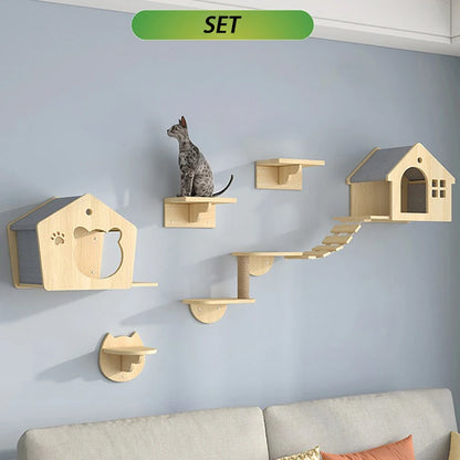 Wall Mounted Cat Climbing Shelf Set Wooden Hanging Cat Tree Hiding House Wood Scratching Post Cats Scratcher Toys Pet Products