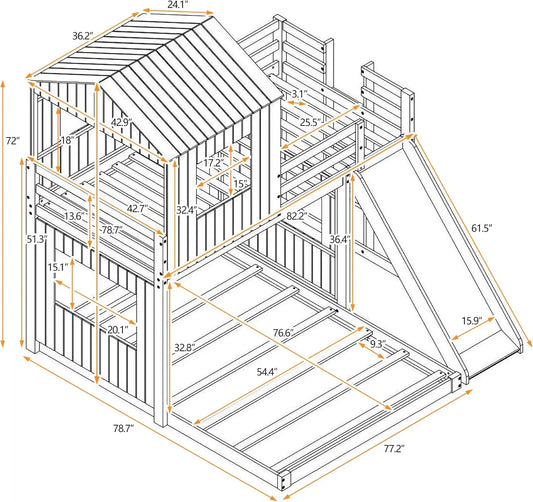 Litera de madera con diseño de casa de juegos para niños, con techo, ventanas y escalera para niños o niñas, color gris antiguo