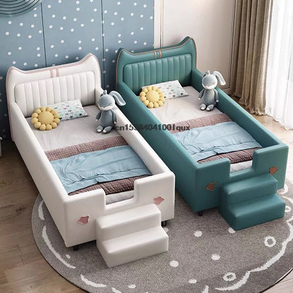 Cama de cuero para niños con empalme, muebles de dormitorio de estilo italiano, cama de madera para niños y niñas, linda cama para bebé con barandilla de seguridad