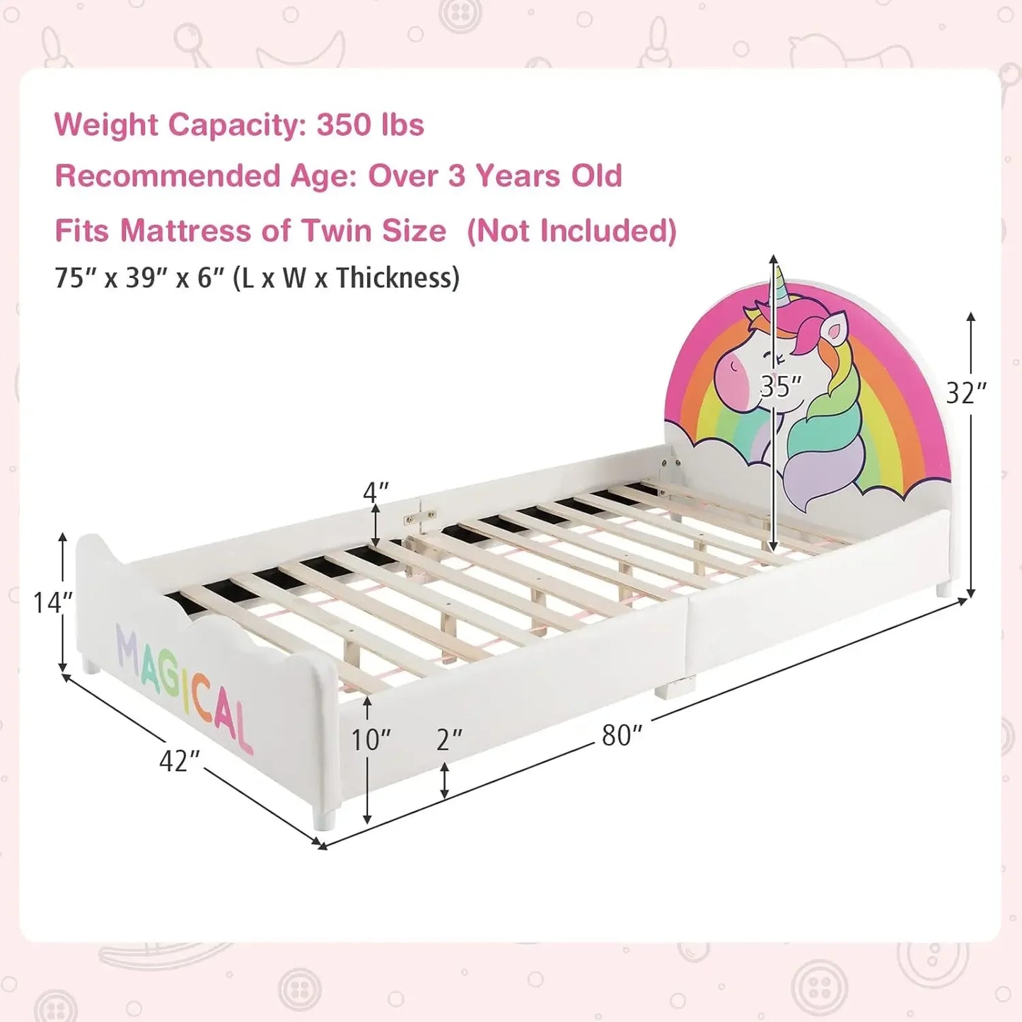 Twin Bed Frames for Kids, Wood Upholstered Twin Bed Platform with Slat Support, Padded Headboard, No Box