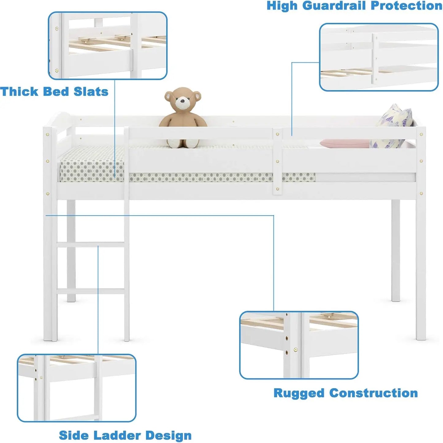 Twin Loft Bed, Solid Wood Low Loft Bed w/Guard Rail and Ladder, Boys & Girls Twin Bed for Kids Room, No Box Spring Needed, Class