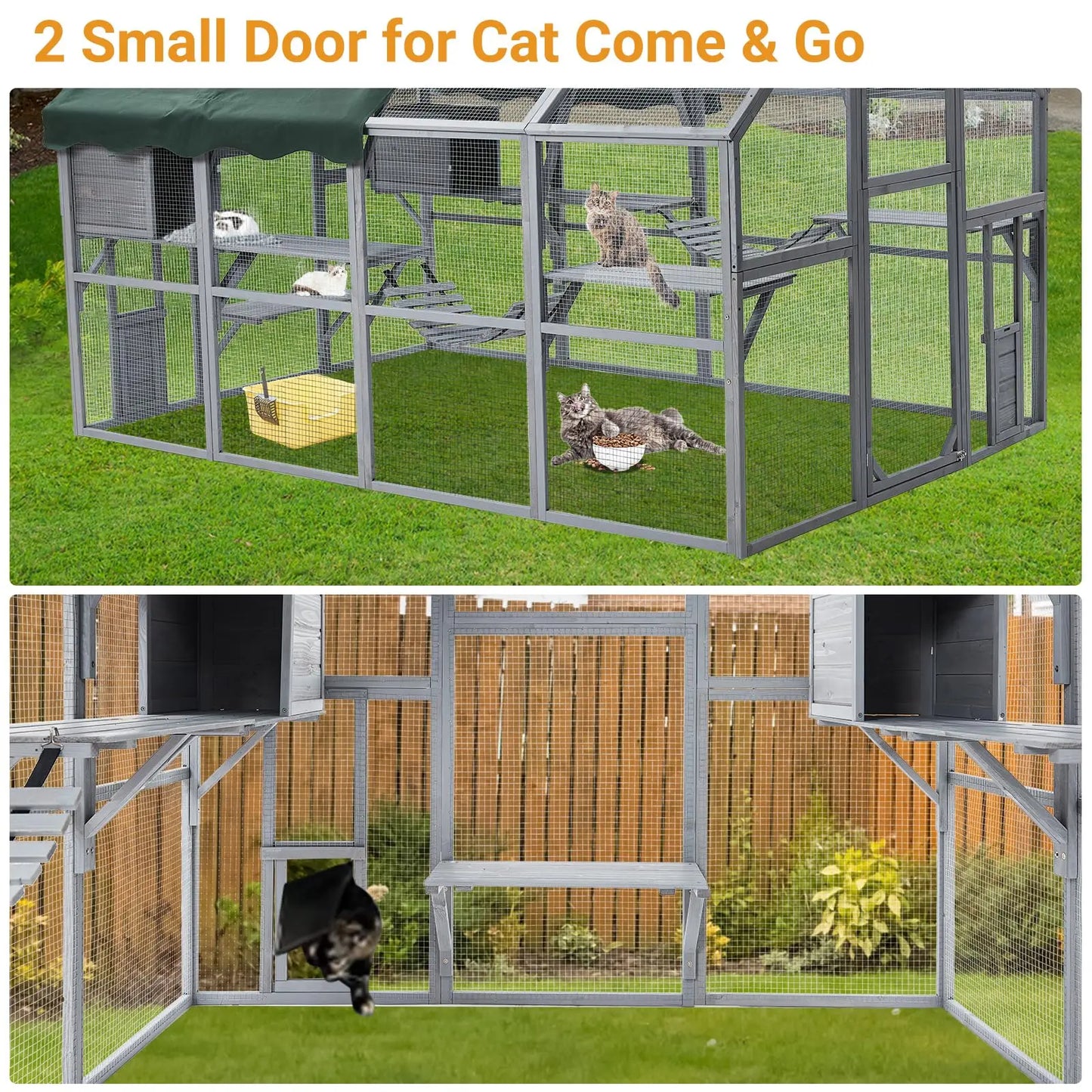 Large Cat Run Large Cat Enclosure Wooden Cat Catio Indoor/Outdoor Kitty House with Bridges Walks Small Houses Roof Cover 110Inch