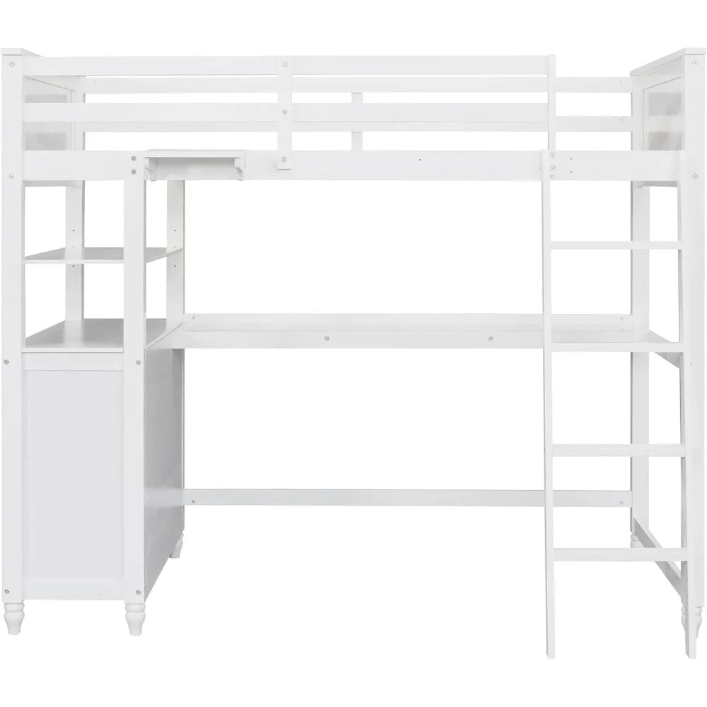 Lit mezzanine double avec bureau et commode, lit en bois avec tiroirs de rangement et étagères pour enfants et adolescents, pas besoin de sommier, blanc