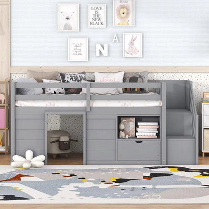 Cama loft baja de tamaño doble, cama loft con espacio de almacenamiento, cama loft doble moderna de estilo rústico para niños, con casa de juegos y cajones, estantería