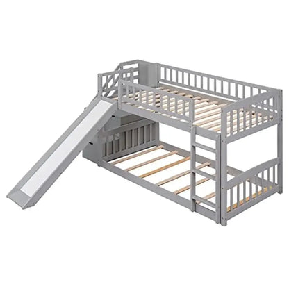 Wooden Low Bunk Bed with Slide Storage Stairs Ladder Grey Twin Over Twin Kids Furniture Modern No Box  Spindles