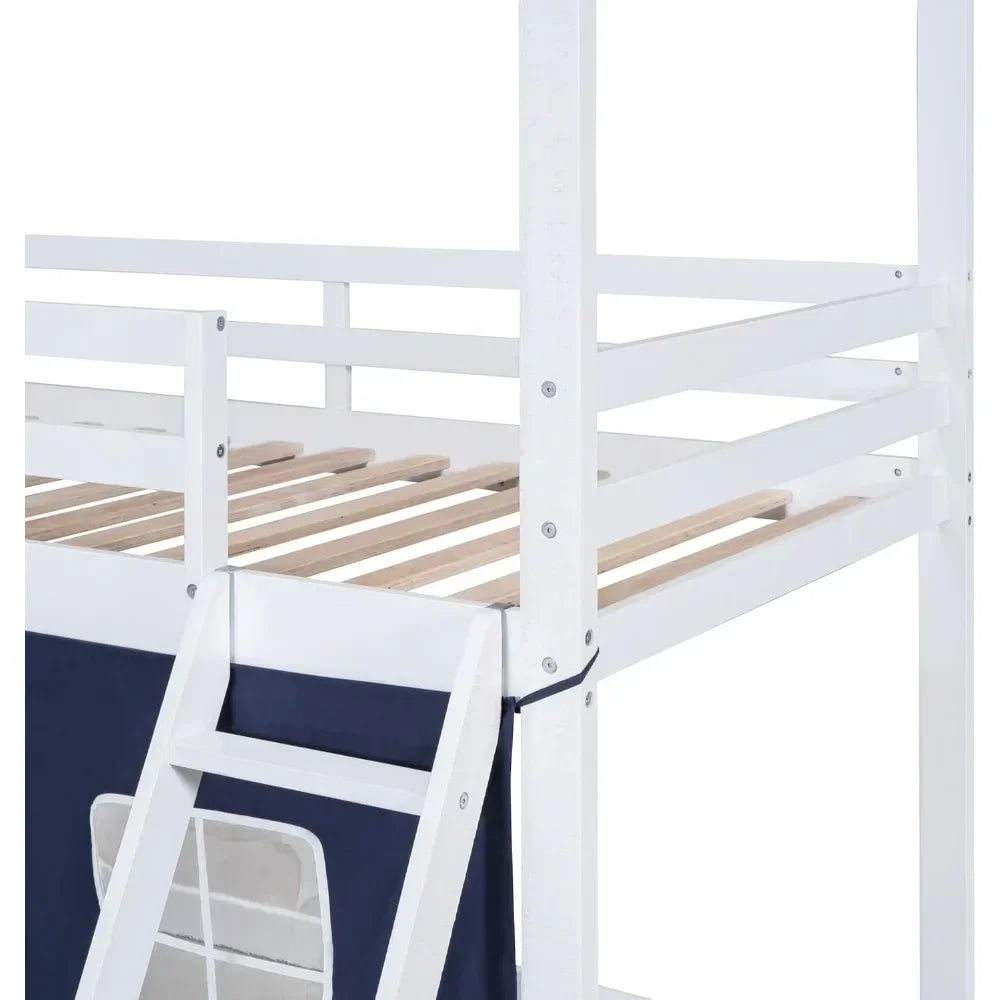 Litera doble tipo loft con tienda de campaña, cama doble tipo loft para niños con escaleras, barandilla, ventanas y techo, adecuada para dormitorios de niños y niñas