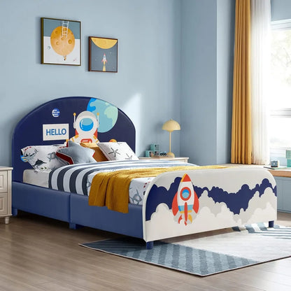 Marcos de cama doble para niños, plataforma de cama doble tapizada en madera con soporte de listones, cabecero y pie de cama acolchados