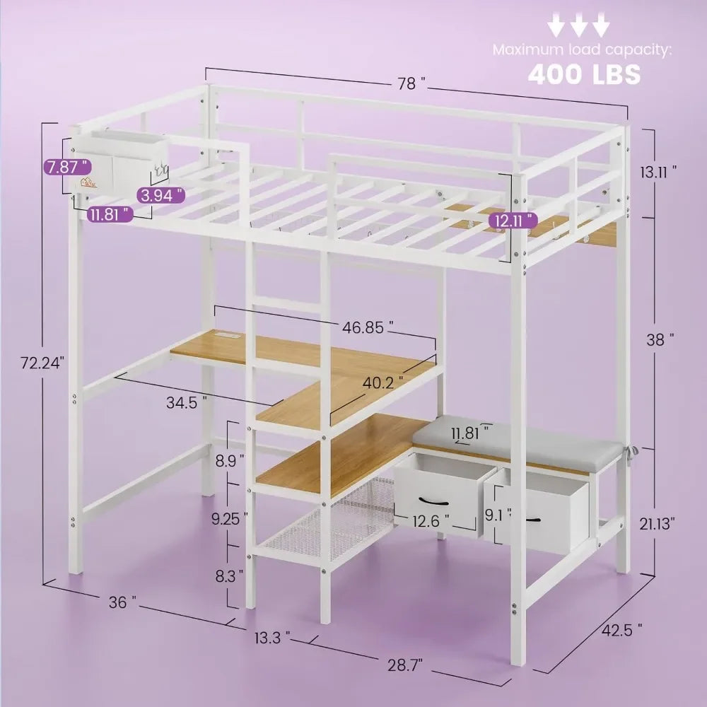 Cama alta con escritorio en forma de L, luces LED y estación de carga con estantes de almacenamiento y perchero con 2 cajones de almacenamiento, cama para niños