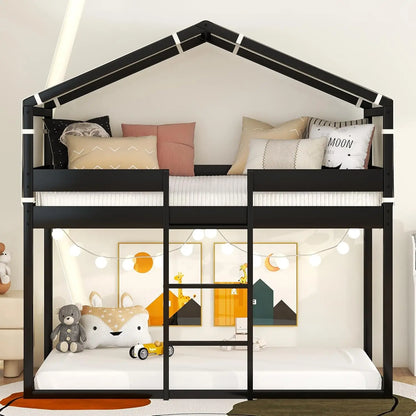 Twin Over Twin Bunk Bed Wood Beds With Tent And Ladder,House-Shaped Solid Pinewood Bed Frame W/Full-Length Guardrails,& Slat