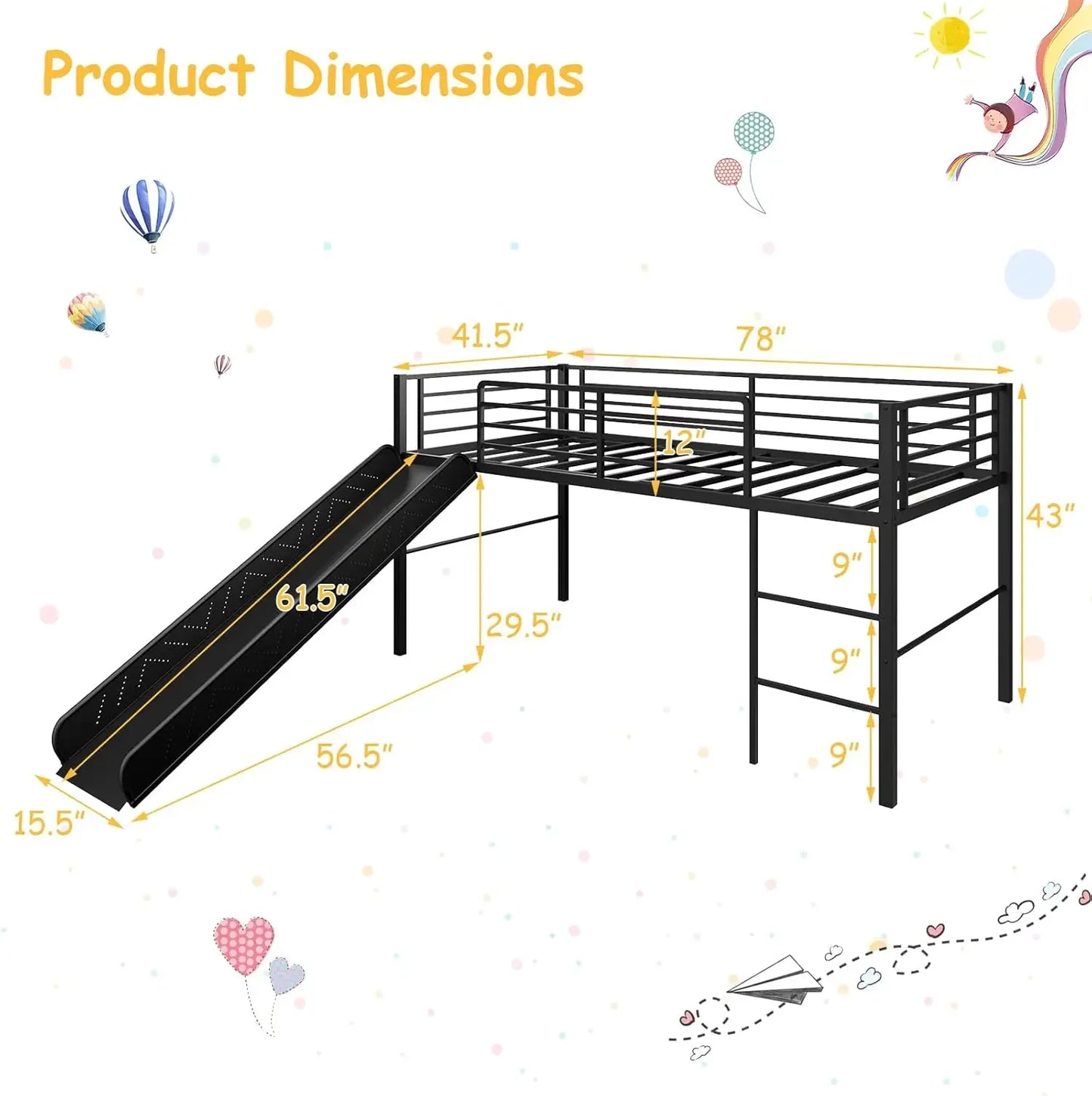 Lit mezzanine double avec toboggan, lit superposé bas en métal avec barrières de sécurité et échelle intégrée, cadre de lit pour tout-petits pour garçons et filles, non