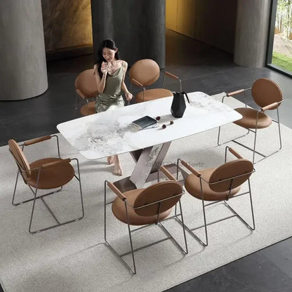 Table à manger rectangulaire pour 6 personnes avec base en acier et pierre de luxe, design minimaliste italien, meubles de cuisine en Chine continentale