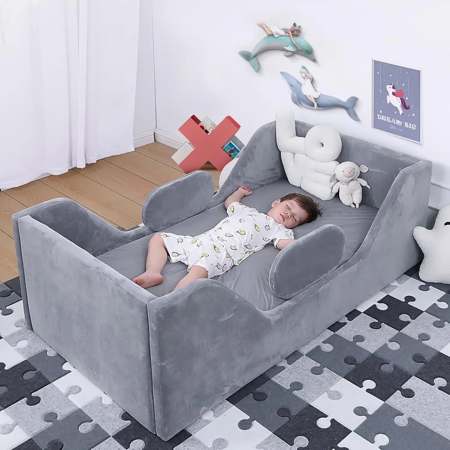 Lit pour tout-petits, lit pour enfants avec large bande de sécurité supplémentaire, lit pour tout-petits de taille standard, lits pour tout-petits en tissu certifié, tout-petits