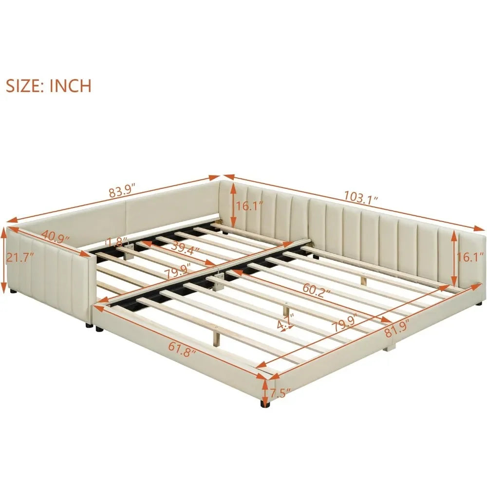 Lit plateforme rembourré Queen Size pour mère et enfant Design élégant Rail de sécurité en cuir PU Design multifonctionnel Lits pour enfants