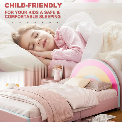 Twin Bed Frames for Kids, Princess Upholstered Girls Twin Platform Bed with Rainbow Headboard, Solid Wood Slats, No Box S