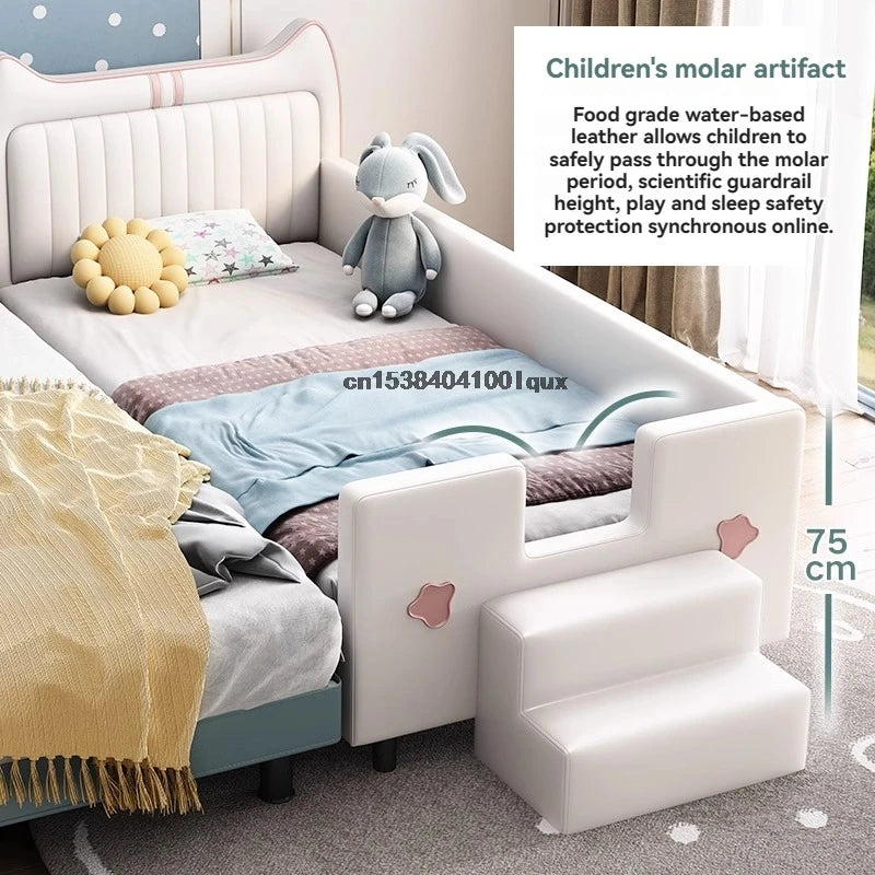 Cama de cuero para niños con empalme, muebles de dormitorio de estilo italiano, cama de madera para niños y niñas, linda cama para bebé con barandilla de seguridad