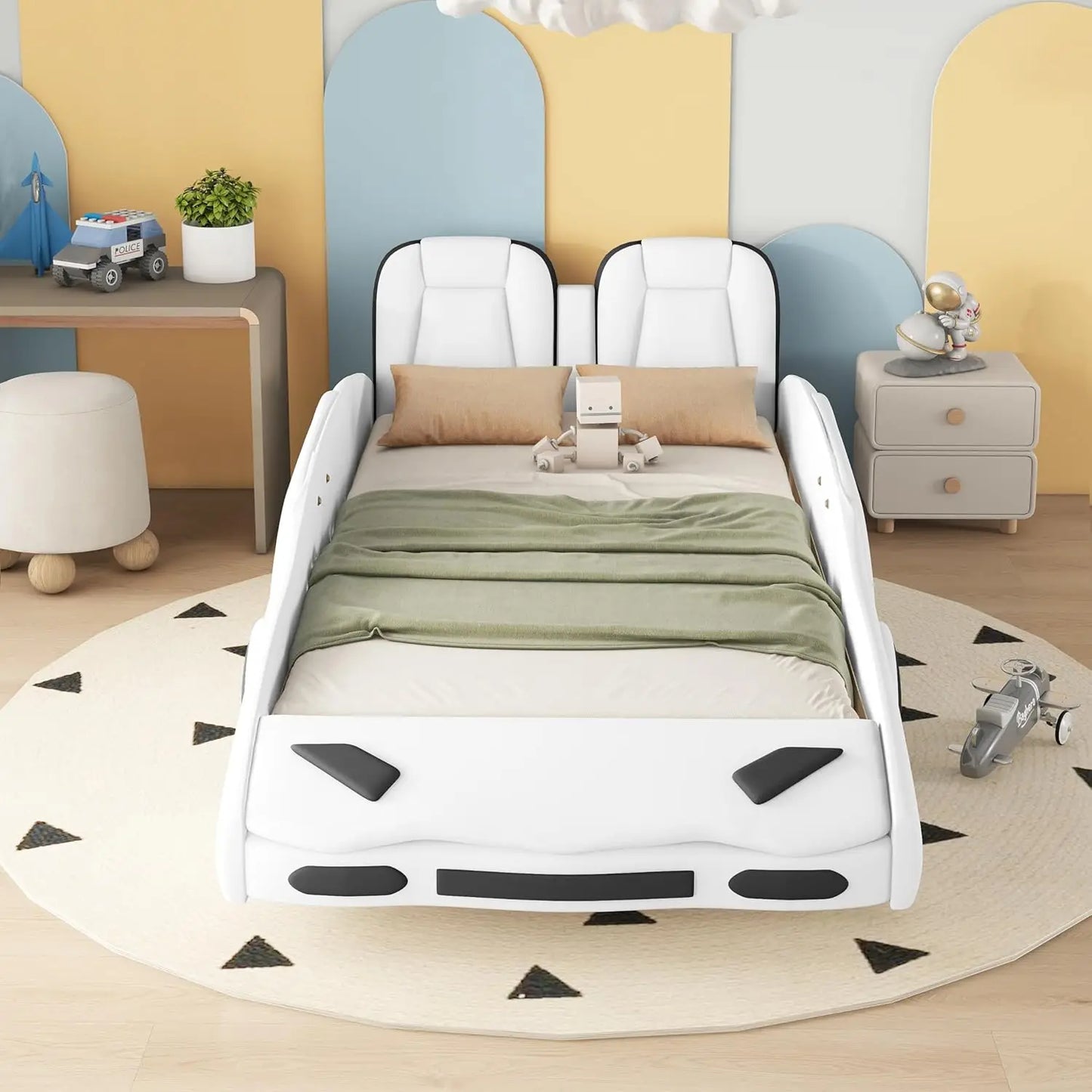 Cama de coche de carreras de tamaño doble para niños, marco de cama de coche genial con ruedas para niños, cama doble para niños con forma de coche de carreras y barandilla para