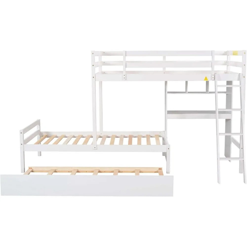 Litera doble sobre dos camas individuales, con escritorio incorporado convertible y cama abatible, no requiere somier, cama alta con cama nido y escalera