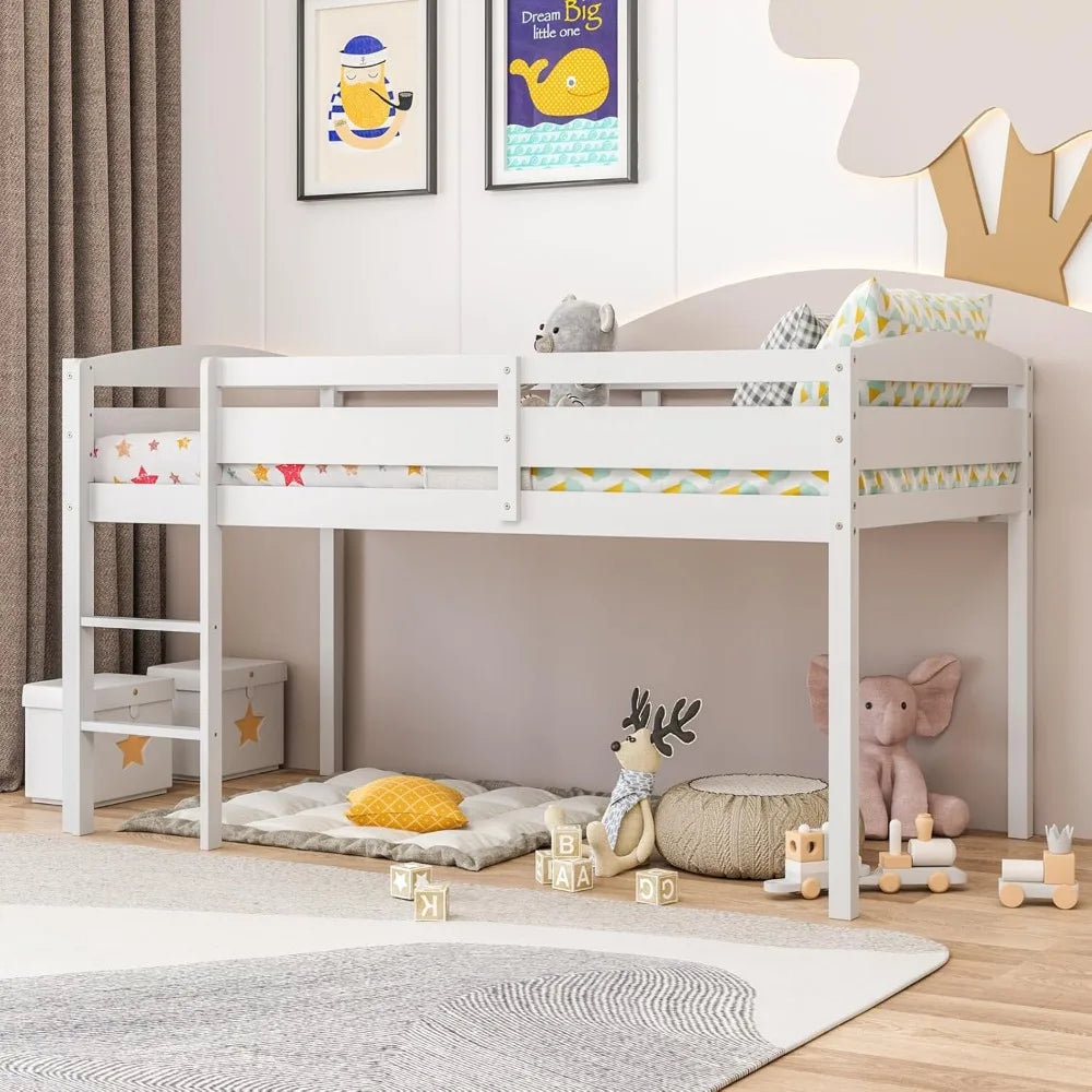 Twin Loft Bed, Solid Wood Low Loft Bed for Kids with Ladder & Guard Rails, No Box Spring Needed, Space-Saving Loft Bed