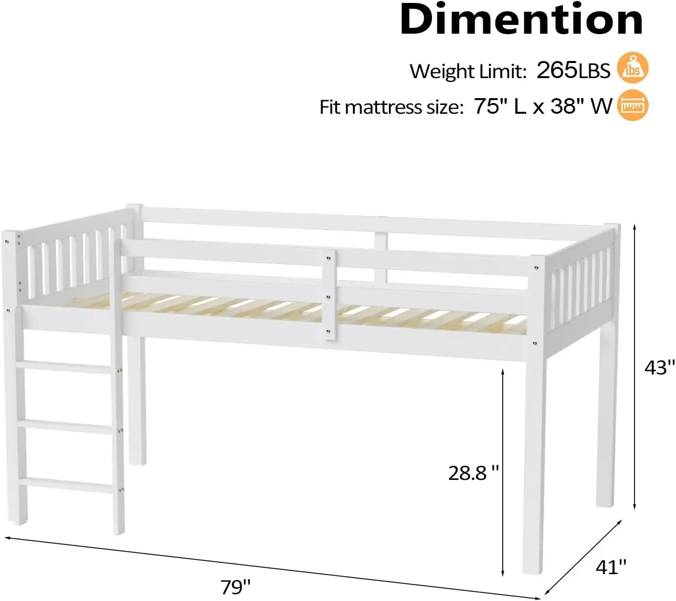 Cama alta doble con estructura de cama baja para niños pequeños, habitación pequeña o dormitorio de techo bajo con barandilla y escalera, color blanco