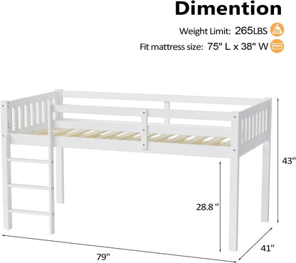 Twin Loft Bed Low Loft Bed Frame for Little Kids Small Room/Low Ceiling Bedrrom with Guardrail and Ladder, White