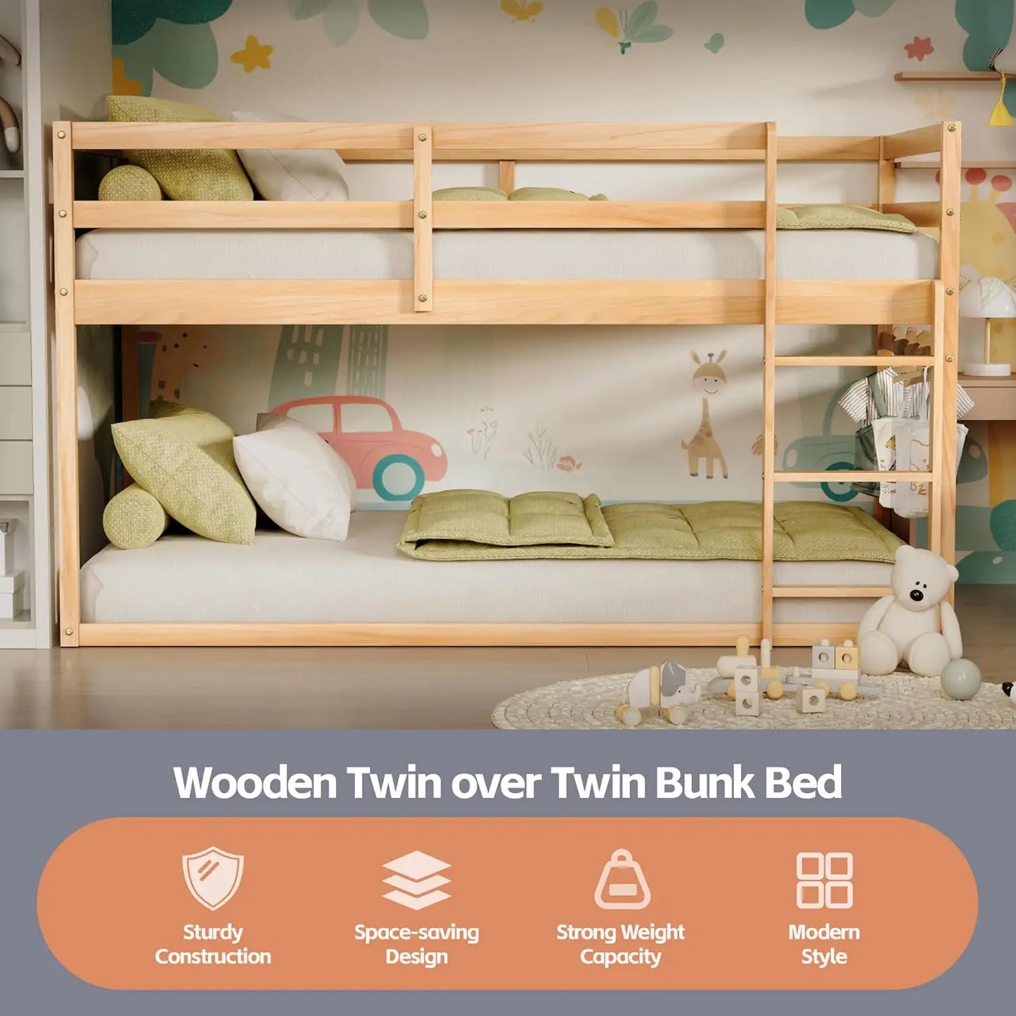 Low Bunk Bed Twin Over Twin, Floor Bunk Bed with Ladder, Twin Bunk Bed with Full Guardrails