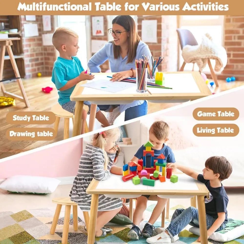 Ensemble table et chaises sensorielles, table 3 en 1 pour enfants pour jouer, étudier, art, salle à manger, rangement de jouets, pour tout-petits, table d'activités avec bacs de rangement