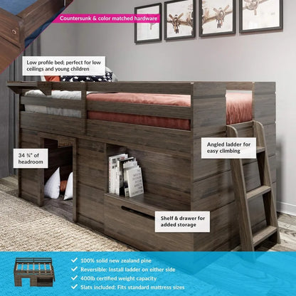 Loft Bed Twin Size, Solid Wood Low Loft Bed with Storage Drawer and Ladder, Modern Farmhouse Loft Bed for Kids, Barnwood Brown