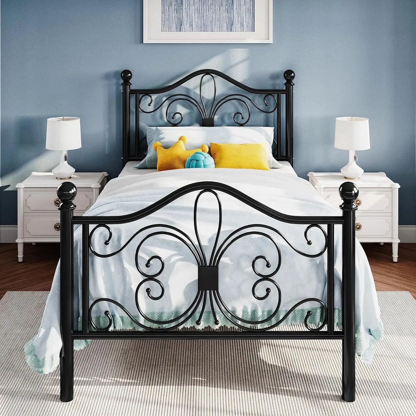 Twin Size Bed Frame for Kids,Metal Bed Frame with Butterfly Pattern Design Headboard and,No Box Spring Need