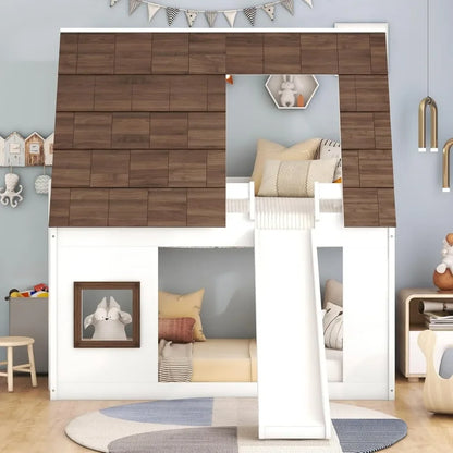 Lit superposé Twin Over Twin House avec toit et fenêtre Lit superposé bas en bois avec toboggan et échelle intégrée Cadre de lit superposé pour enfants