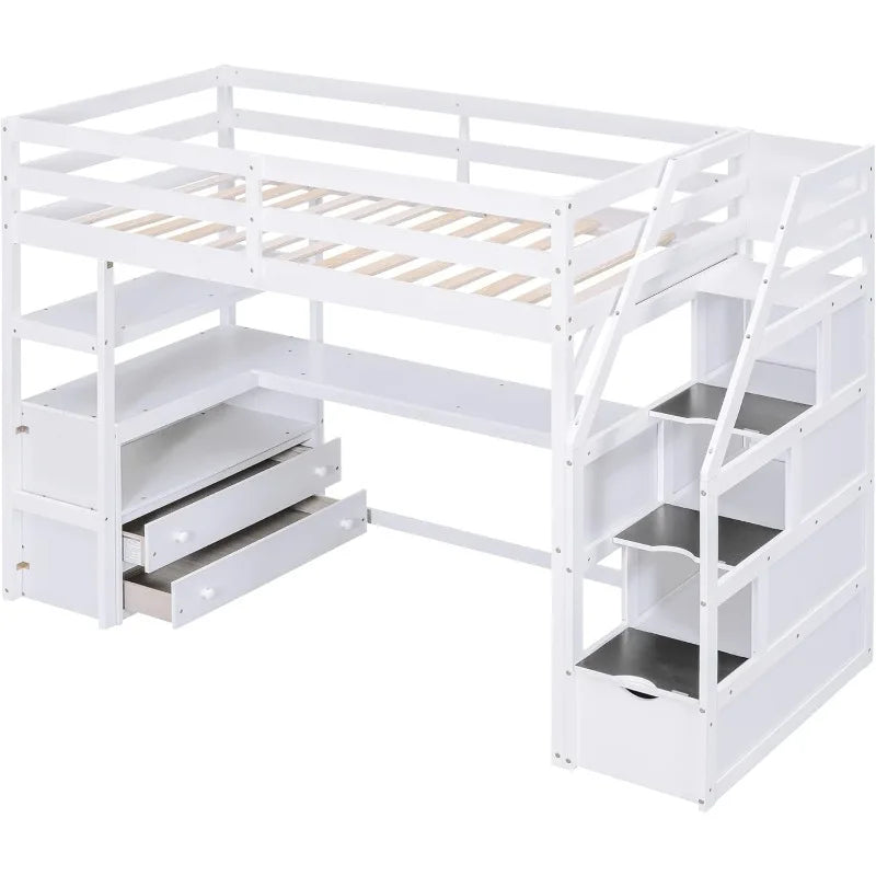 Cama alta con escalera de tamaño doble, escritorio en forma de L, estantes, cajones de dos niveles y escalera de almacenamiento, color blanco