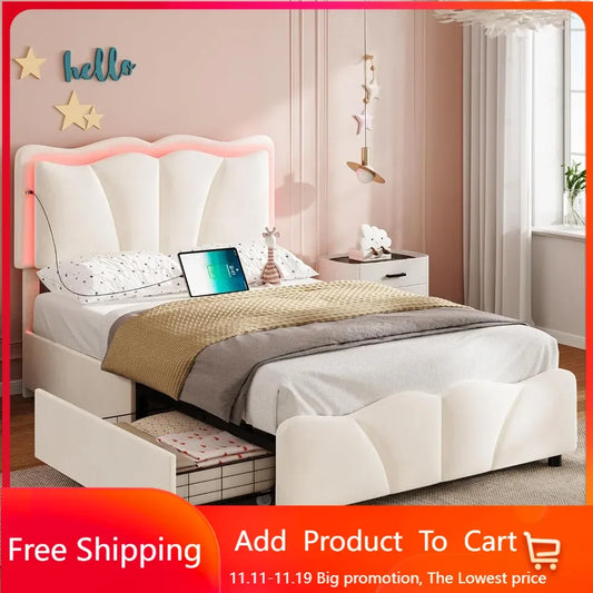 Twin Bed Frame with 4 Drawers, Upholstered LED Bed Frame with Adjustable Flowers Headboard, Platform Bed Frame Twin Size