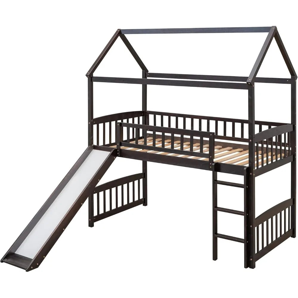 Twin Size Loft Bed with Slide, House Shaped Solid Pine Wood Frame w/Safety Guardrail & Ladder, No Box Spring Needed, Save Space