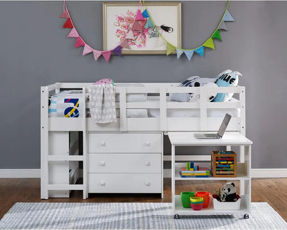 Cama alta tamaño twin con espacio de almacenaje, escritorio, armario con escalera, mesa de estudio baja de madera de pino para niños, barandillas de seguridad, estantería, color blanco