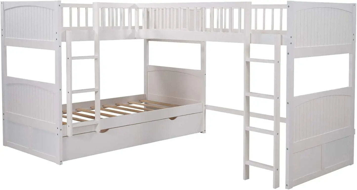 Triple Bunk Bed with Drawers, L-Shaped Bunk Beds for 3, Twin Over Twin Bunk Bed with a Loft Bed Attached for Kids, Teens, Adults