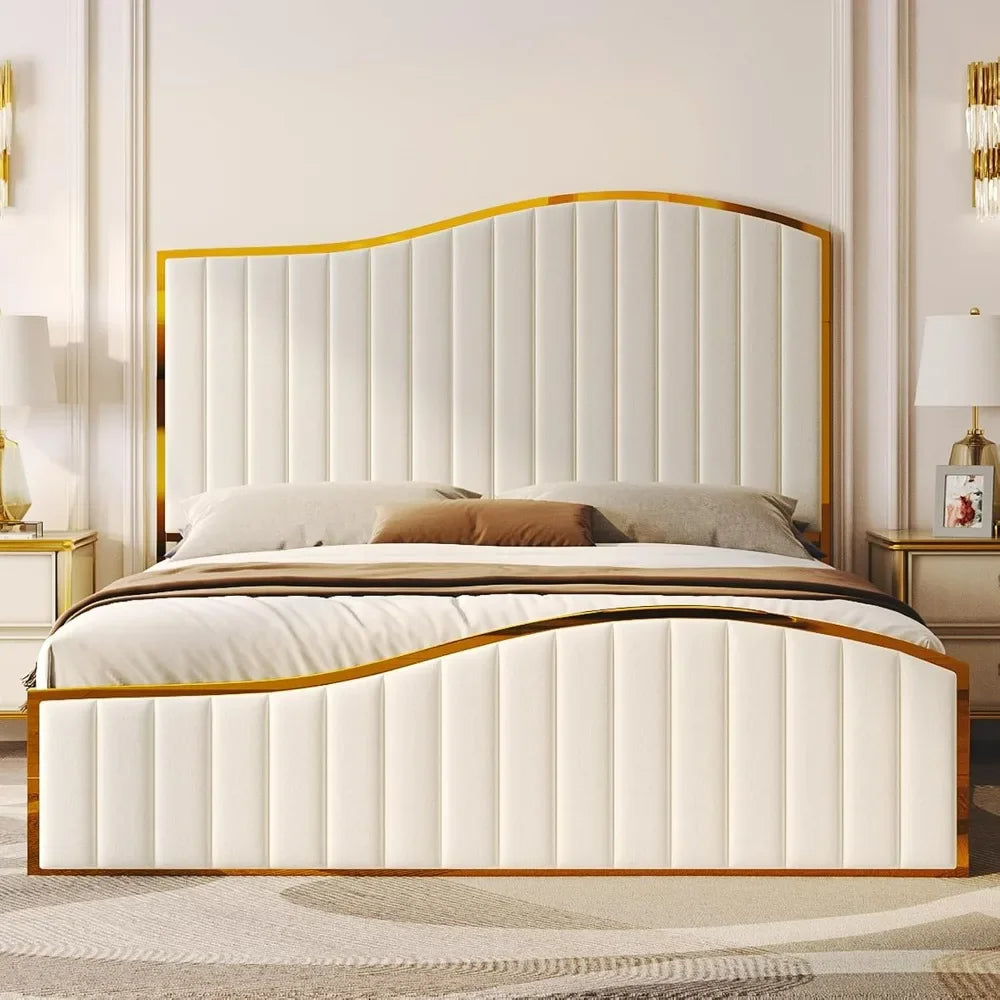 Queen Size Bed Frame, 61.4" High Headboard Platform Bed Velvet With Gold Trim & Footboard/No Box Spring Required,bed Frame