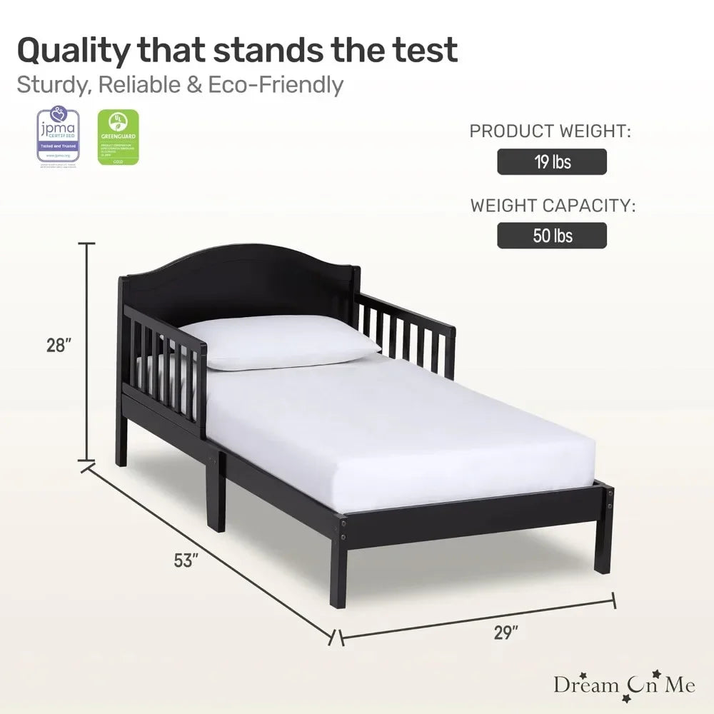 Cama para niños en color negro, con certificación Greenguard Gold, certificación JPMA, diseño de bajo nivel, acabado no tóxico, barandillas de seguridad