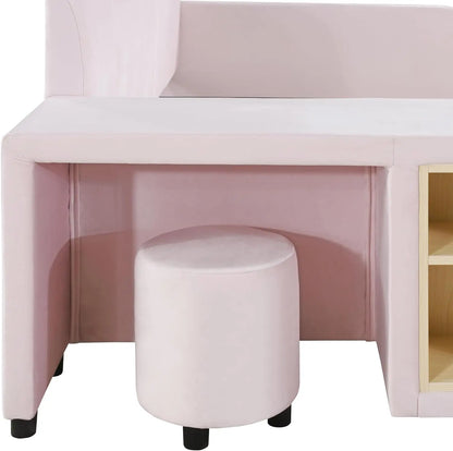 Lit Queen rembourré Softsea, lit plateforme pour mère et enfant avec table de chevet et petit tabouret rond, tissu velours