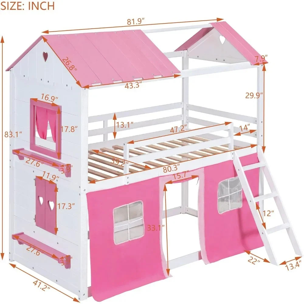 Twin Loft Bunk Bed with Tent, Kid Loft Bed with Ladders Guardrail Windows and Roof, Wood Twin Over Twin Bunk Beds for Kids