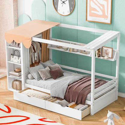 Merax Twin Size House Bed Frame with 2 Drawers, Built-in Wardrobe, Storage Shelves, Guardrail and Curtain, Wooden Bed for Kids