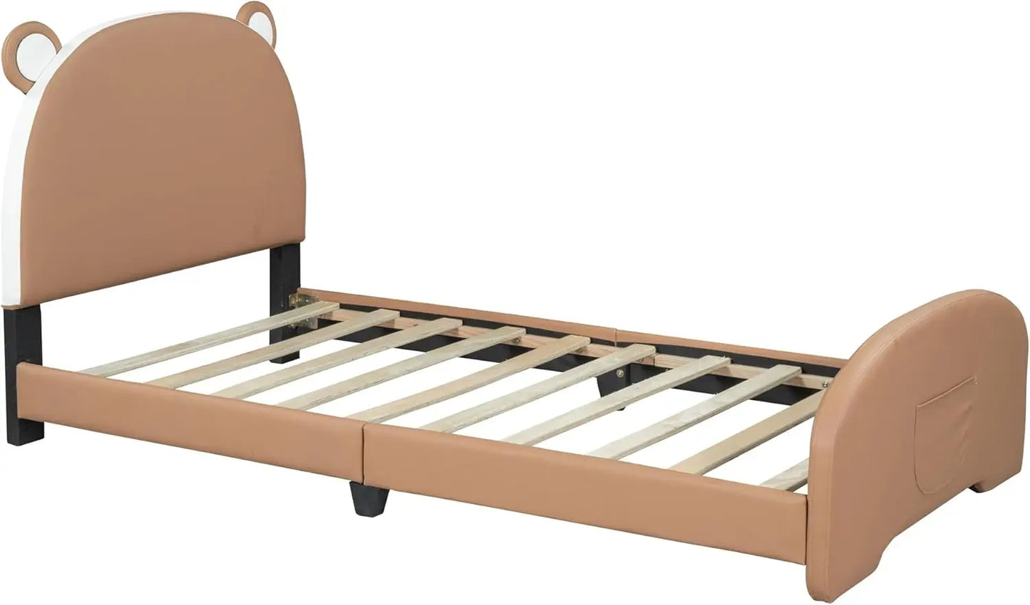 Twin Kids Upholstered Bed Frame with Bear-Shaped Headboard, Fun Wood Platfrom Bed for Boys,Girls, No Box Spring Need