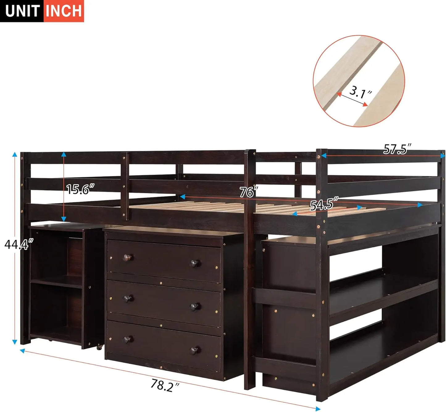 Cama alta con escritorio y tocador tamaño completo, estructura de cama alta de madera para niños con gabinete y estantes de almacenamiento y escritorio portátil con ruedas para J